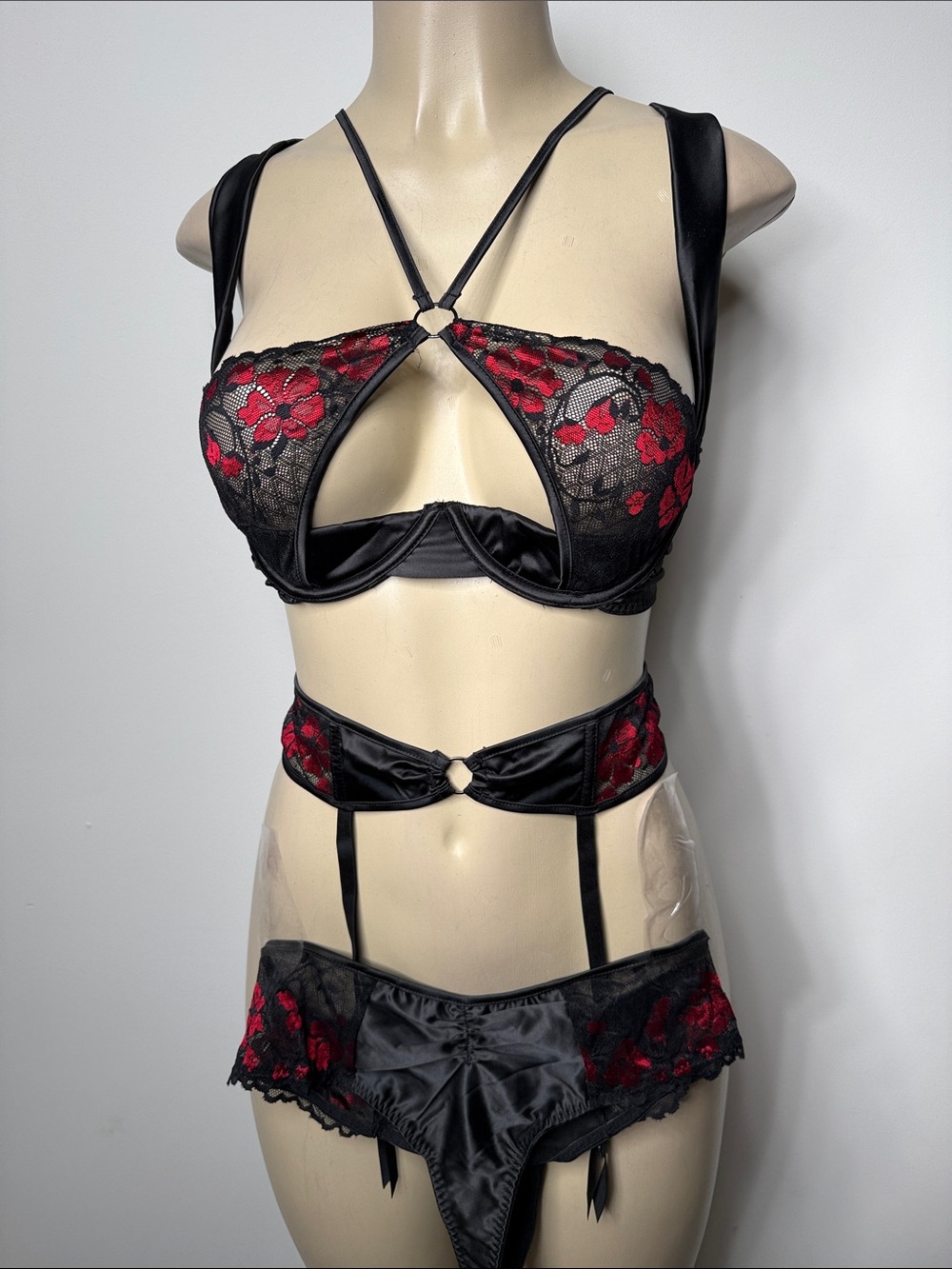Fashion Nova Black Satin & Red Lace Bra, Garter Belt & Panty Set
